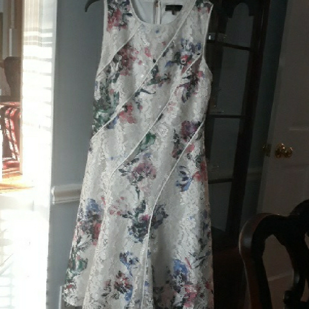 Donna Karan Cream A-Line Midi Sundress with Floral Detail, Size 6